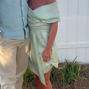 Lulus - Always Celebrating Sage Green Satin Off-the-Shoulder Mini Dress. Size S.